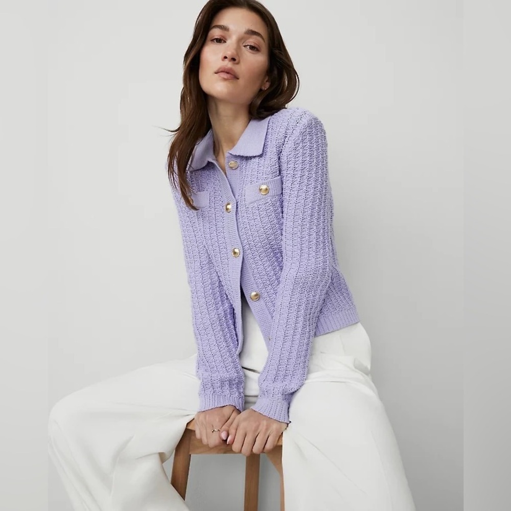 Ann Taylor Purple Sweater Cardigan Jacket Lavender Gold Buttons Medium Petite *B - Picture 2 of 11